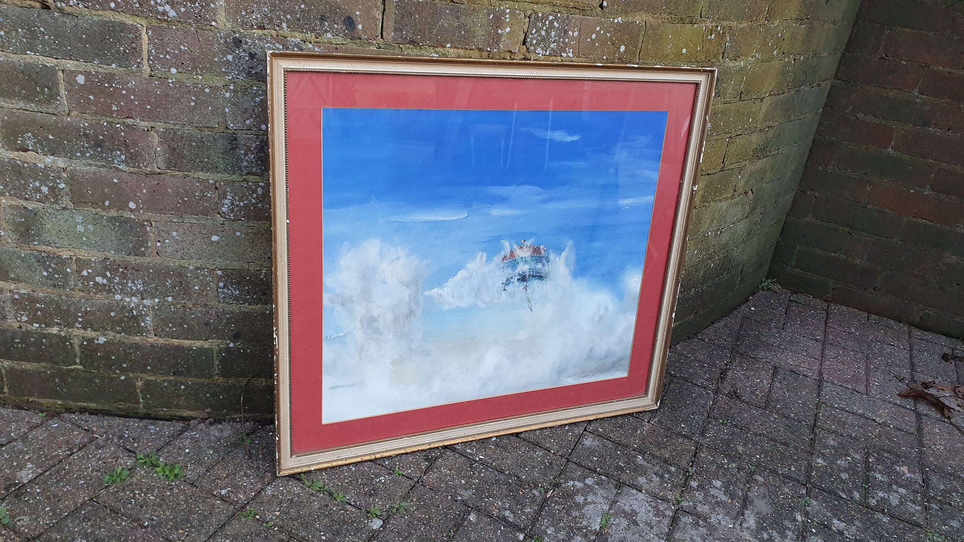 Huge Parachutes Original Signed Vintage Watercolour Modern Art Summer Blue Skies Clouds Gilt Framed 76 x 67 cm