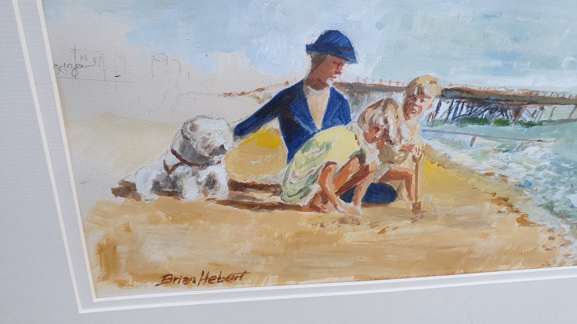 Large Family on English Beach with Pier Original Vintage Artwork Signed Summer Seaside Framed Deep White Frame 70.5 x 54.5 x 3.5 cm