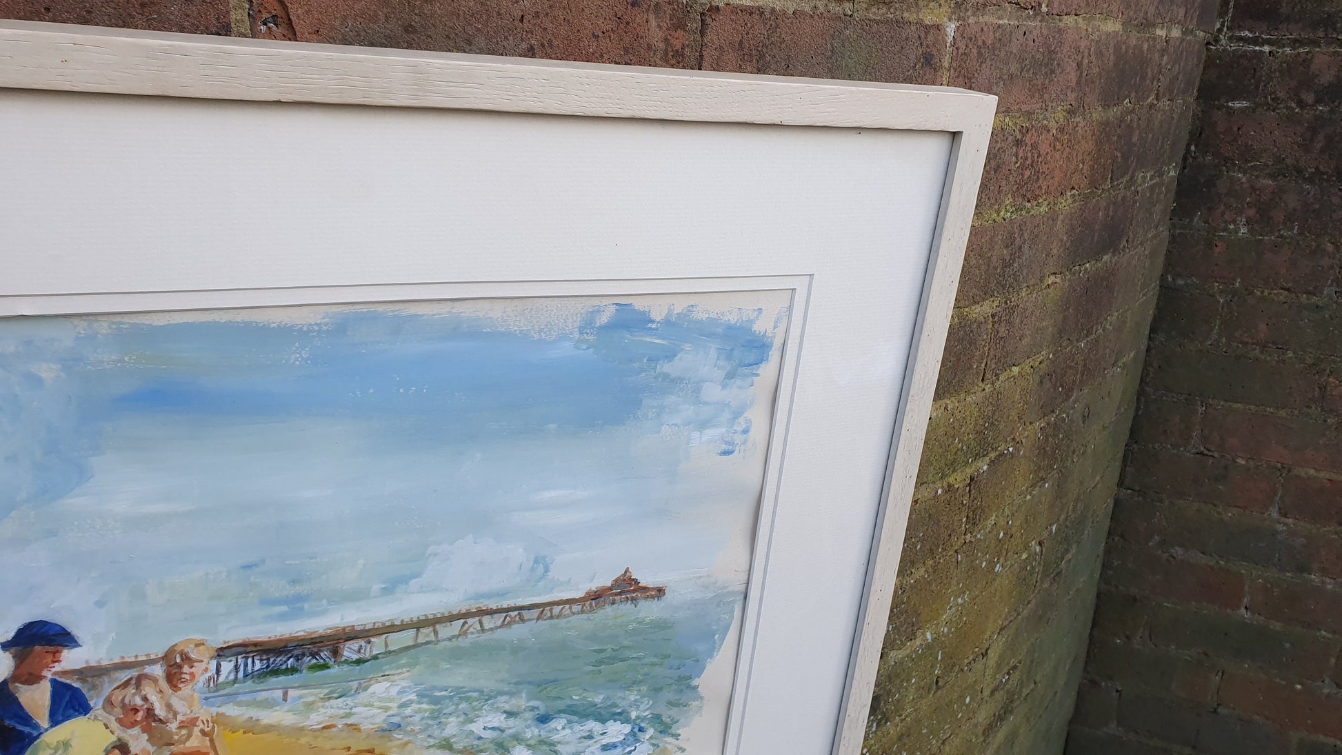 Large Family on English Beach with Pier Original Vintage Artwork Signed Summer Seaside Framed Deep White Frame 70.5 x 54.5 x 3.5 cm