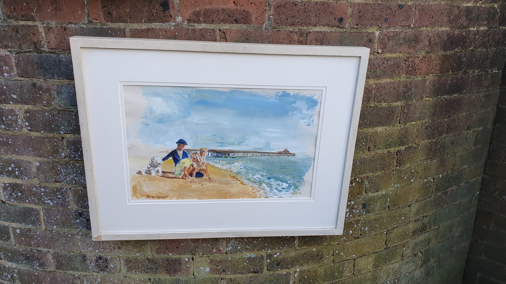 Large Family on English Beach with Pier Original Vintage Artwork Signed Summer Seaside Framed Deep White Frame 70.5 x 54.5 x 3.5 cm