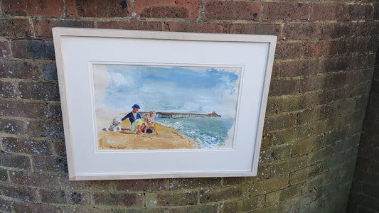Large Family on English Beach with Pier Original Vintage Artwork Signed Summer Seaside Framed Deep White Frame 70.5 x 54.5 x 3.5 cm