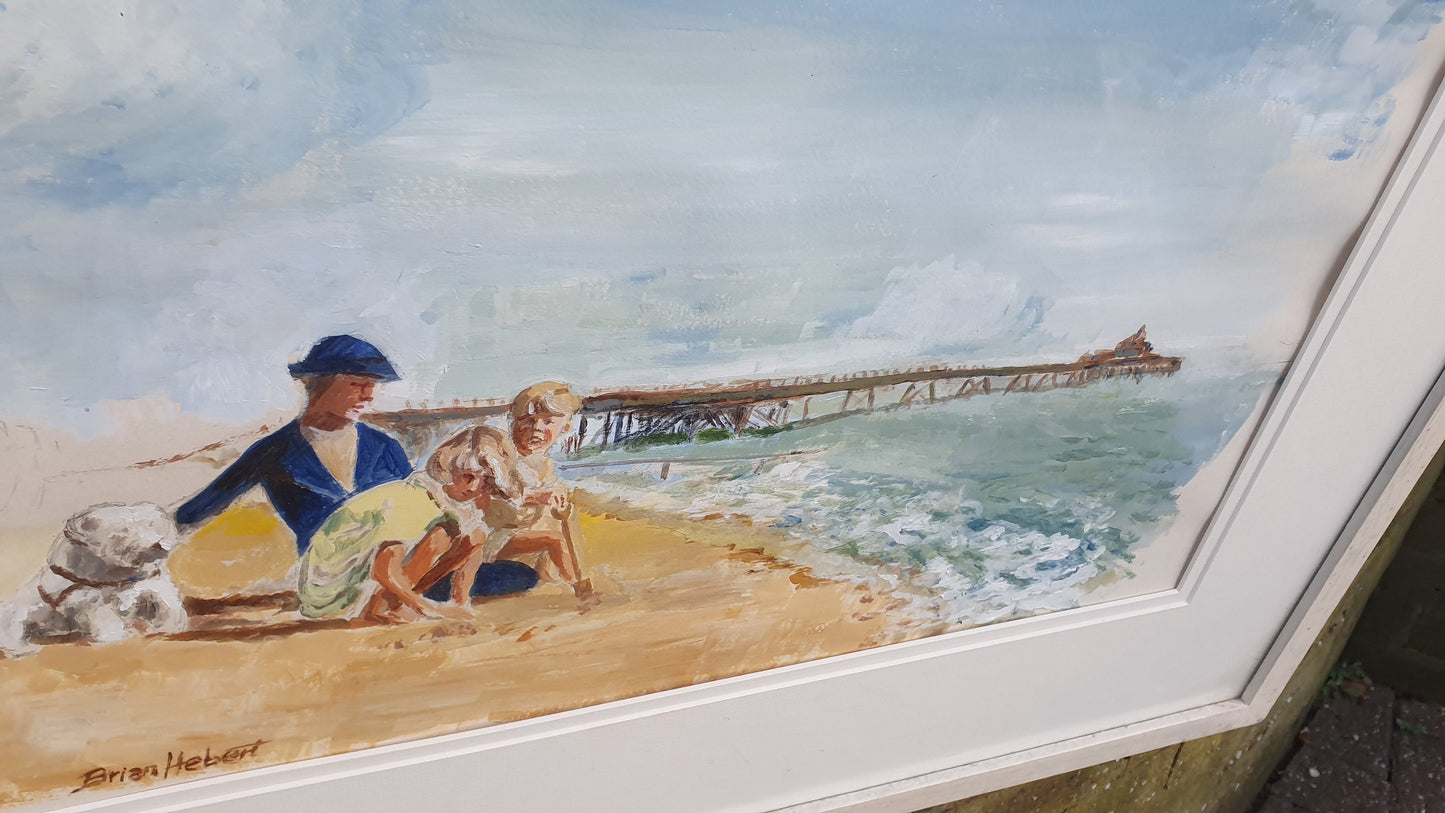 Large Family on English Beach with Pier Original Vintage Artwork Signed Summer Seaside Framed Deep White Frame 70.5 x 54.5 x 3.5 cm