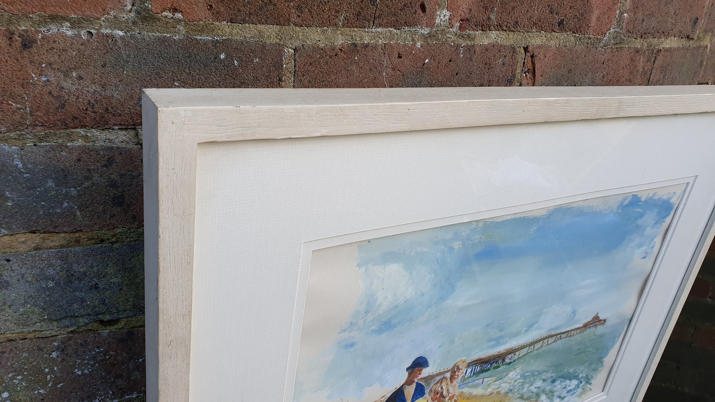 Large Family on English Beach with Pier Original Vintage Artwork Signed Summer Seaside Framed Deep White Frame 70.5 x 54.5 x 3.5 cm