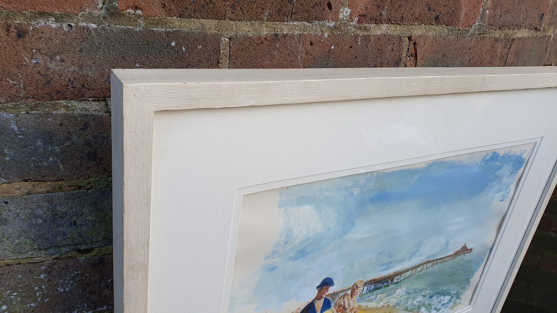 Large Family on English Beach with Pier Original Vintage Artwork Signed Summer Seaside Framed Deep White Frame 70.5 x 54.5 x 3.5 cm