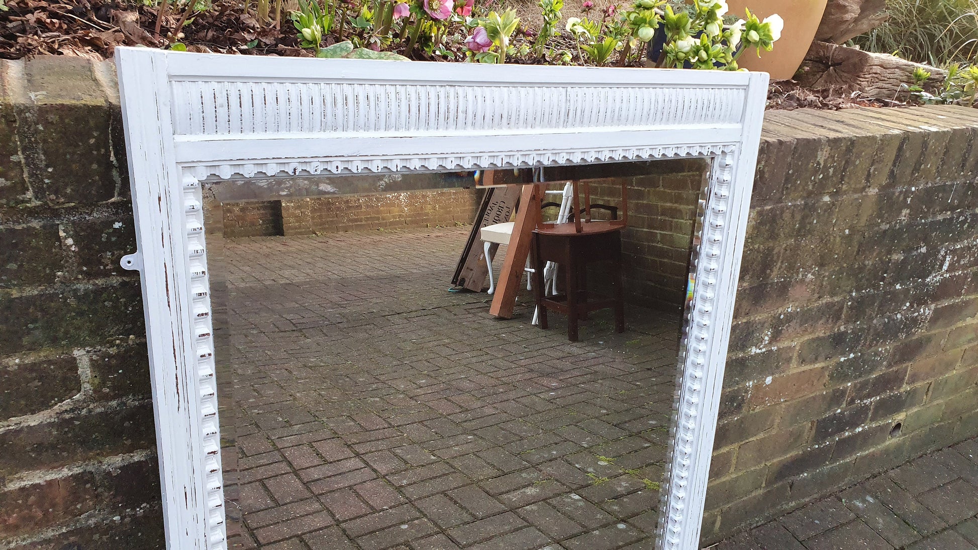 Huge Vintage Wall Mirror in French Chic Light Grey Chalk