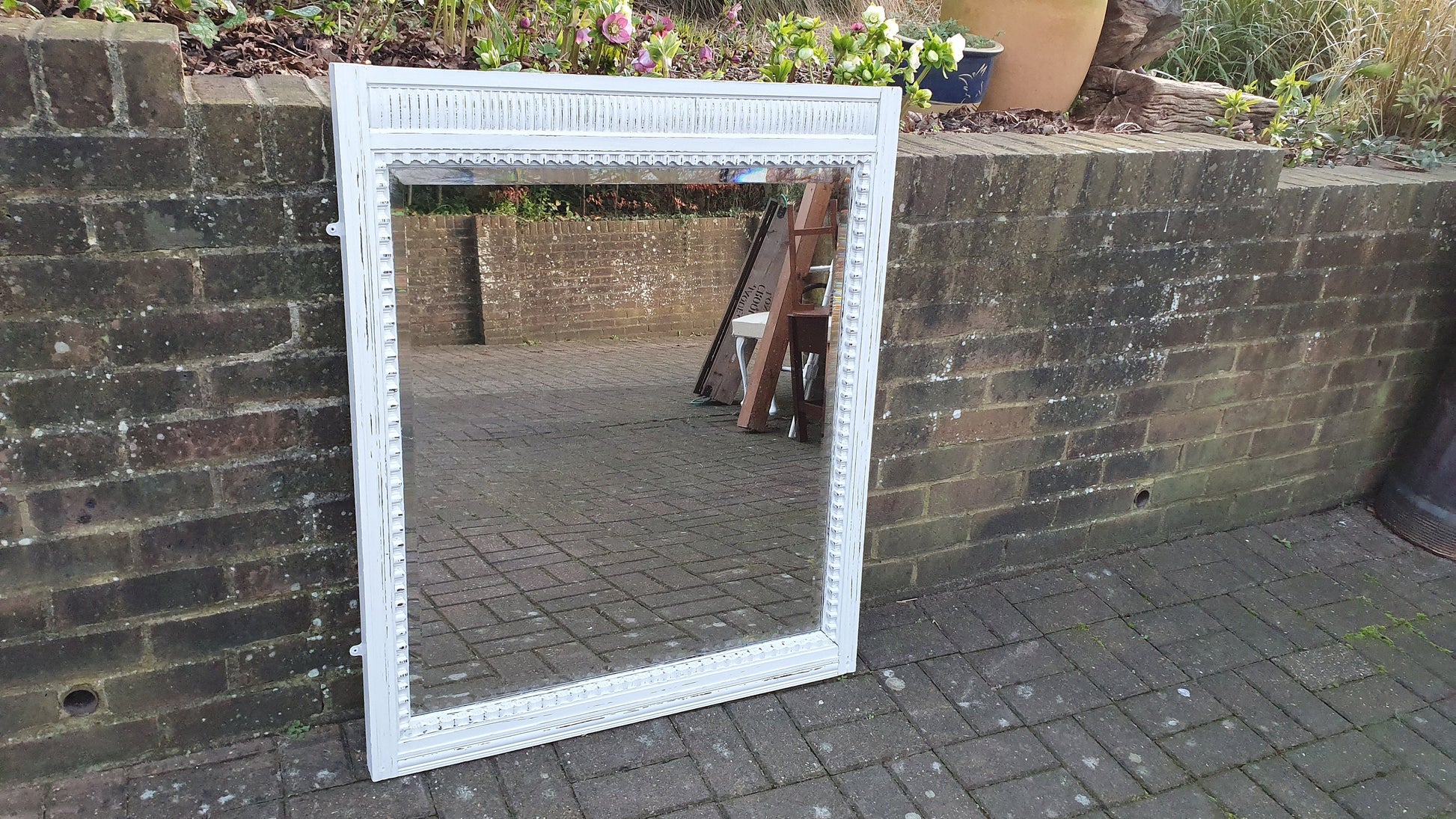Huge Vintage Wall Mirror in French Chic Light Grey Chalk
