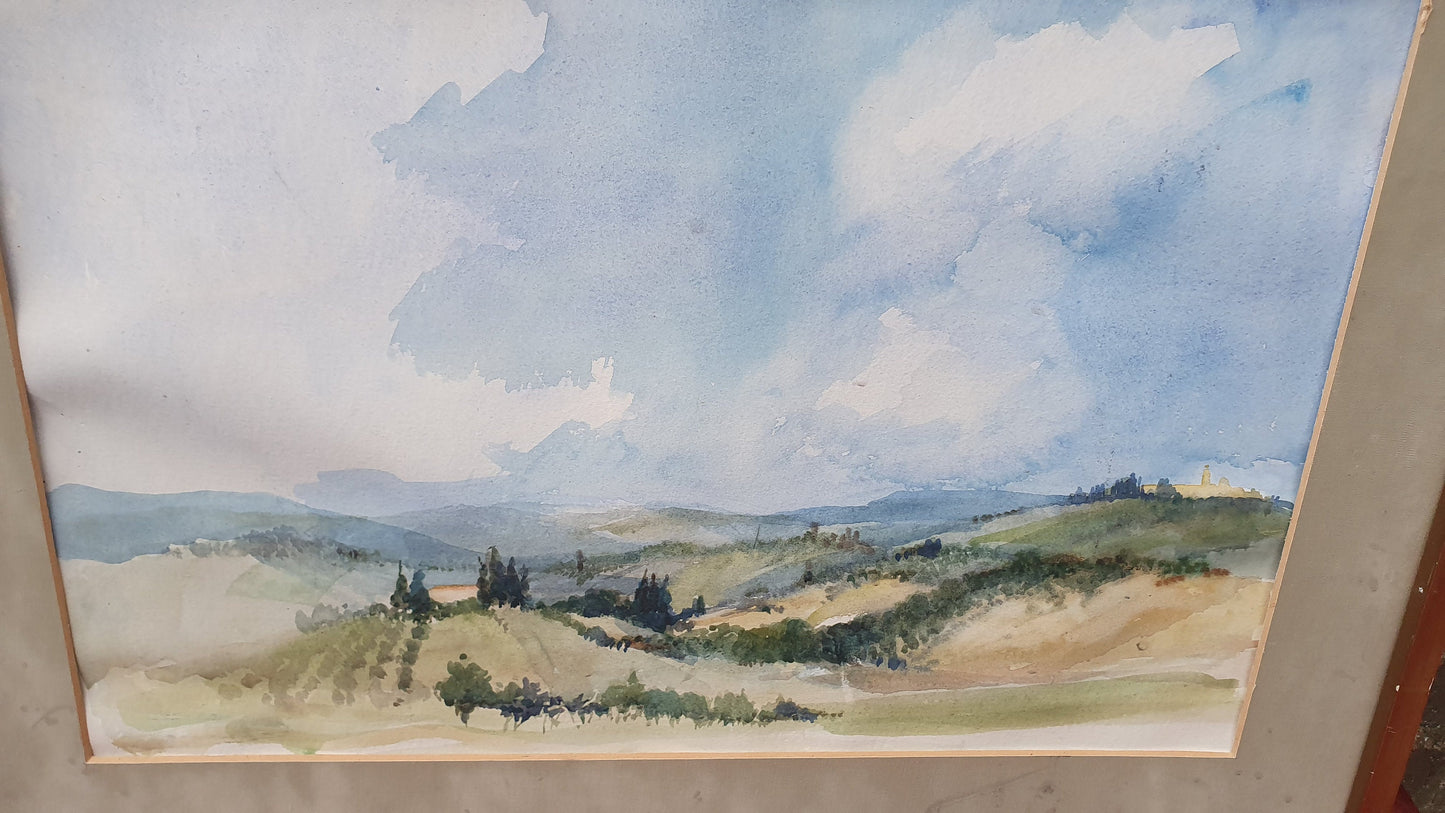 Large Original 'Tuscany' Vintage 1970s Italian Country Landscape Watercolour Italy Original Artwork Painting Gilt Frame