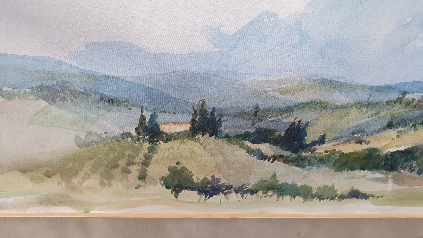Large Original 'Tuscany' Vintage 1970s Italian Country Landscape Watercolour Italy Original Artwork Painting Gilt Frame