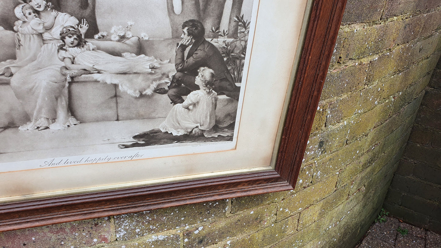 Large 'And Lived Happily Ever After' Antique Maude Goodman Victorian Black & White Pre-Raphaelite Art Print Framed 77 x 51 cm
