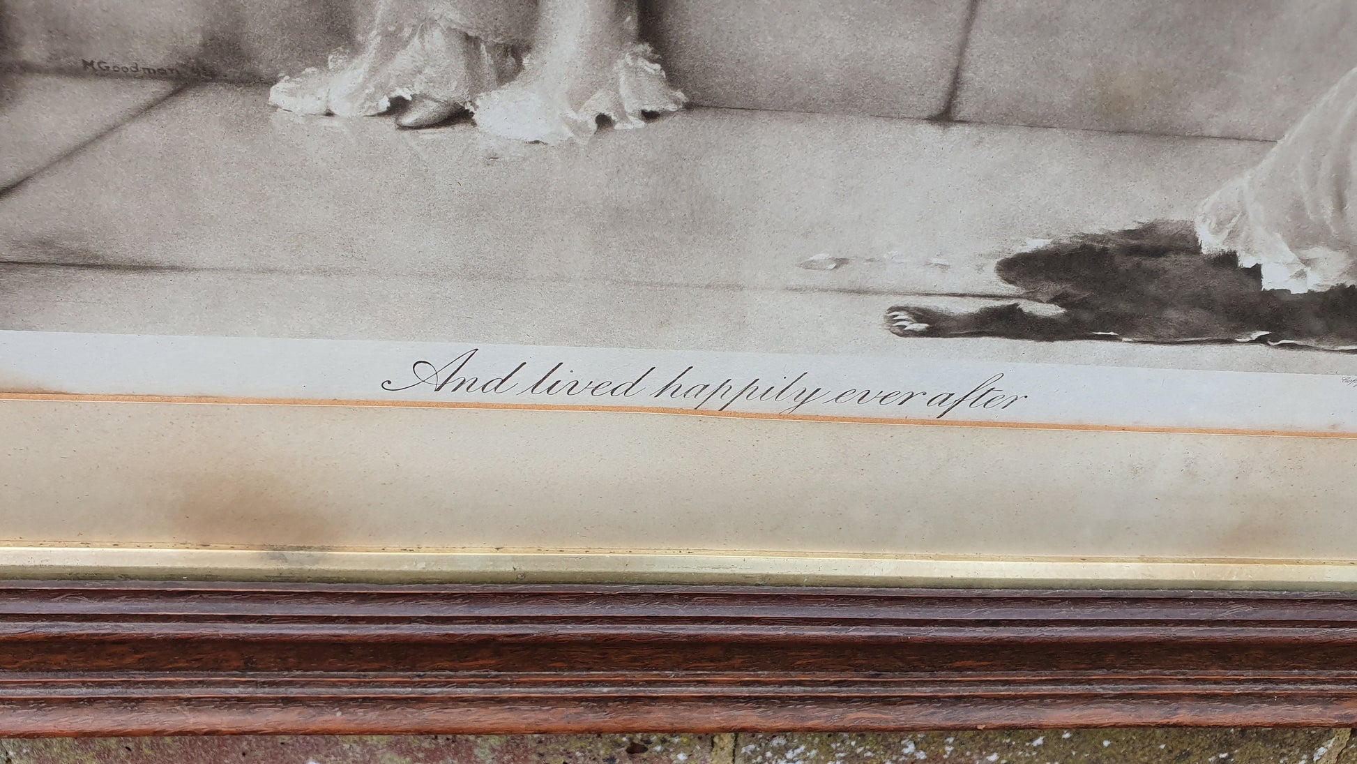 Large 'And Lived Happily Ever After' Antique Maude Goodman Victorian Black & White Pre-Raphaelite Art Print Framed 77 x 51 cm