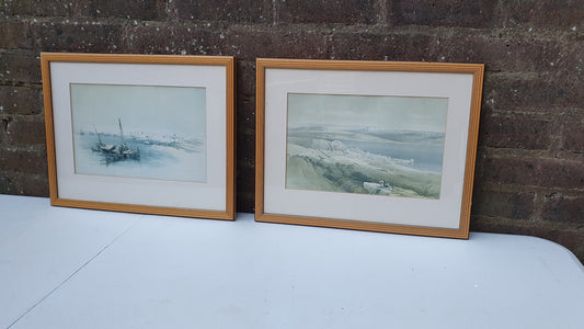 Pair of David Roberts Holy Land Landscape Antique Colour Art Prints Painting Matching Striped Wood Frames