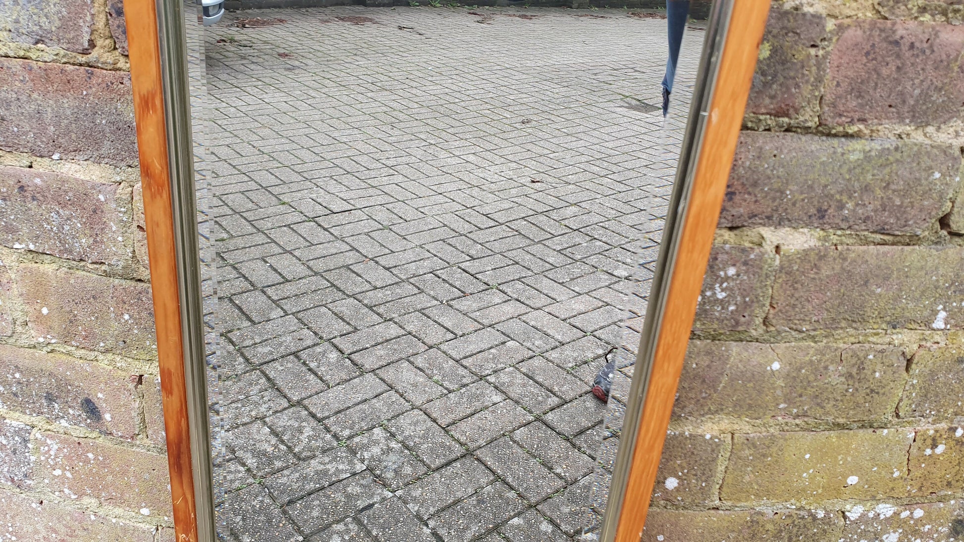 1980’s Long Wooden Wall Mirror. bevelled 65 x 34 cm