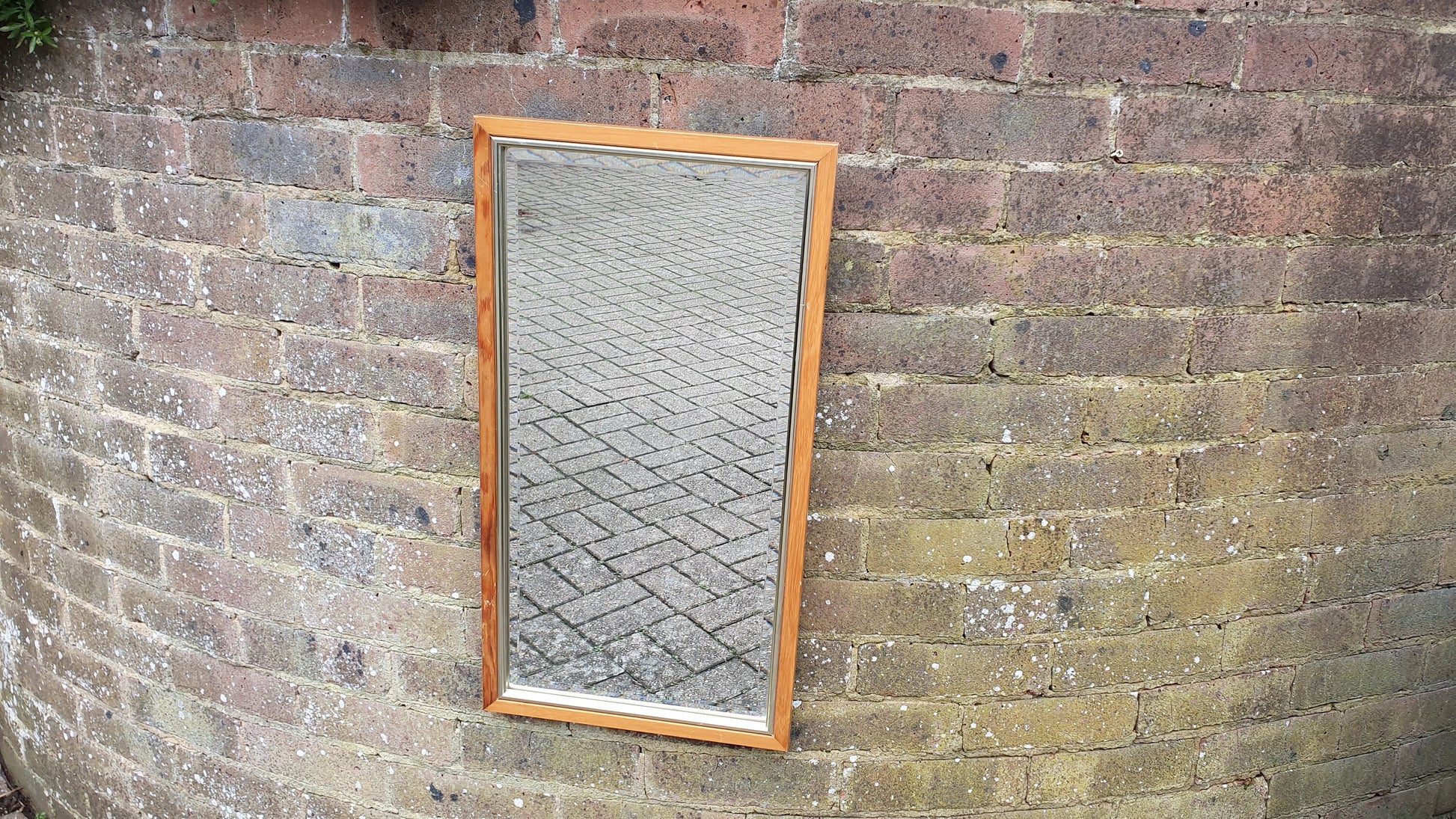 1980’s Long Wooden Wall Mirror. bevelled 65 x 34 cm