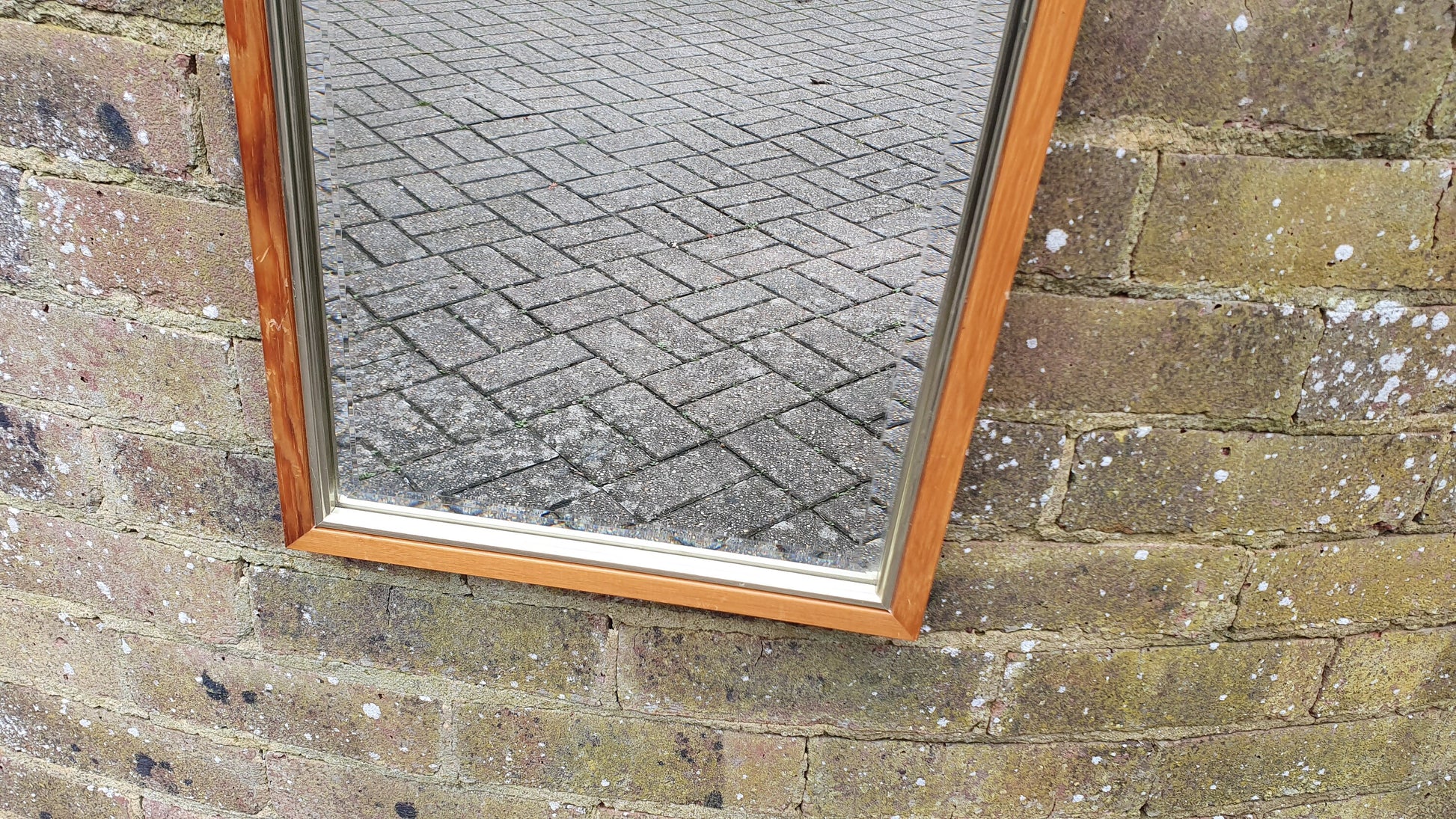 1980’s Long Wooden Wall Mirror. bevelled 65 x 34 cm