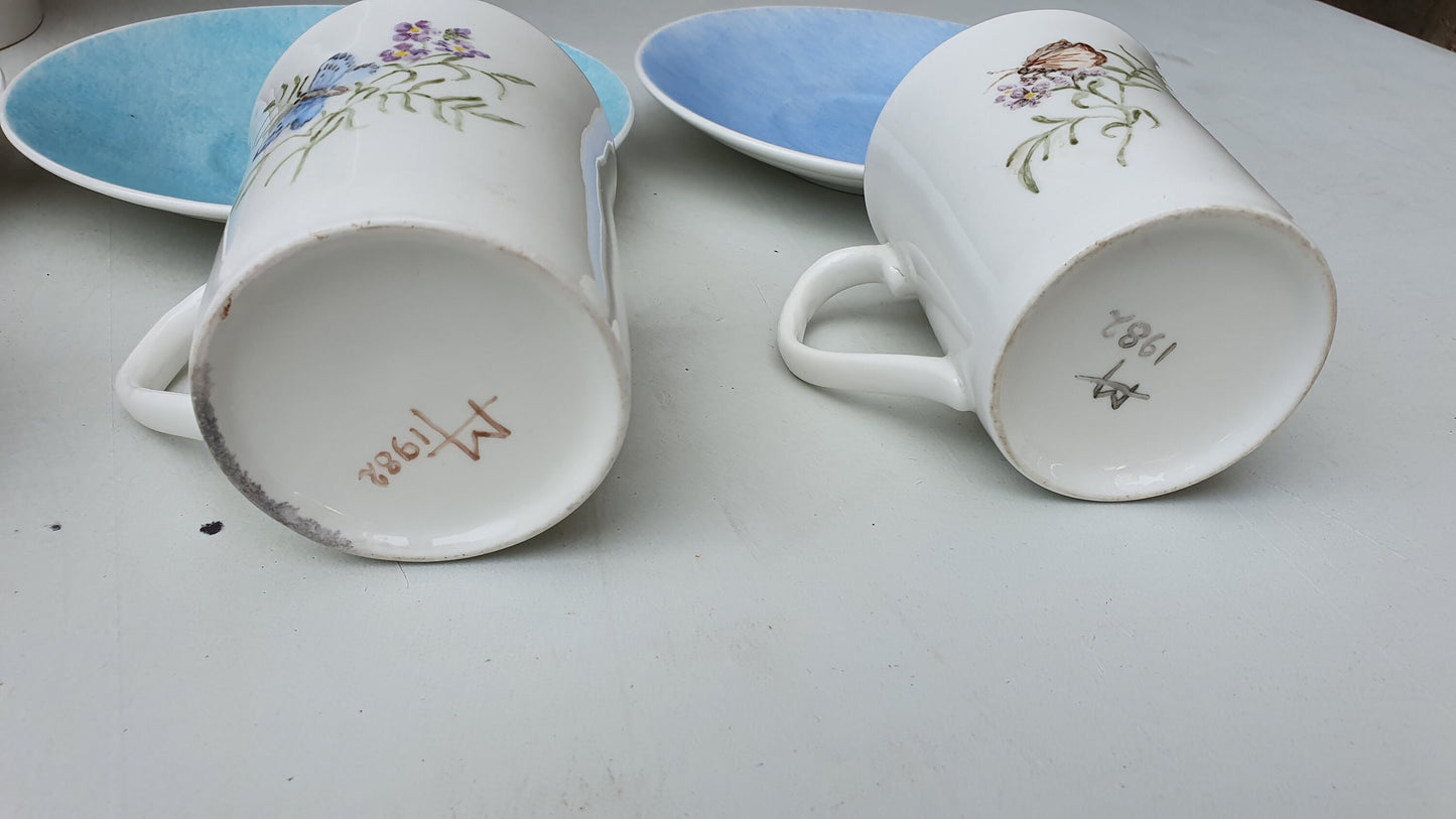 Vintage Ceramic Retro Coffee Set Pot with 4 Cups Saucers Floral Butterfly Pattern