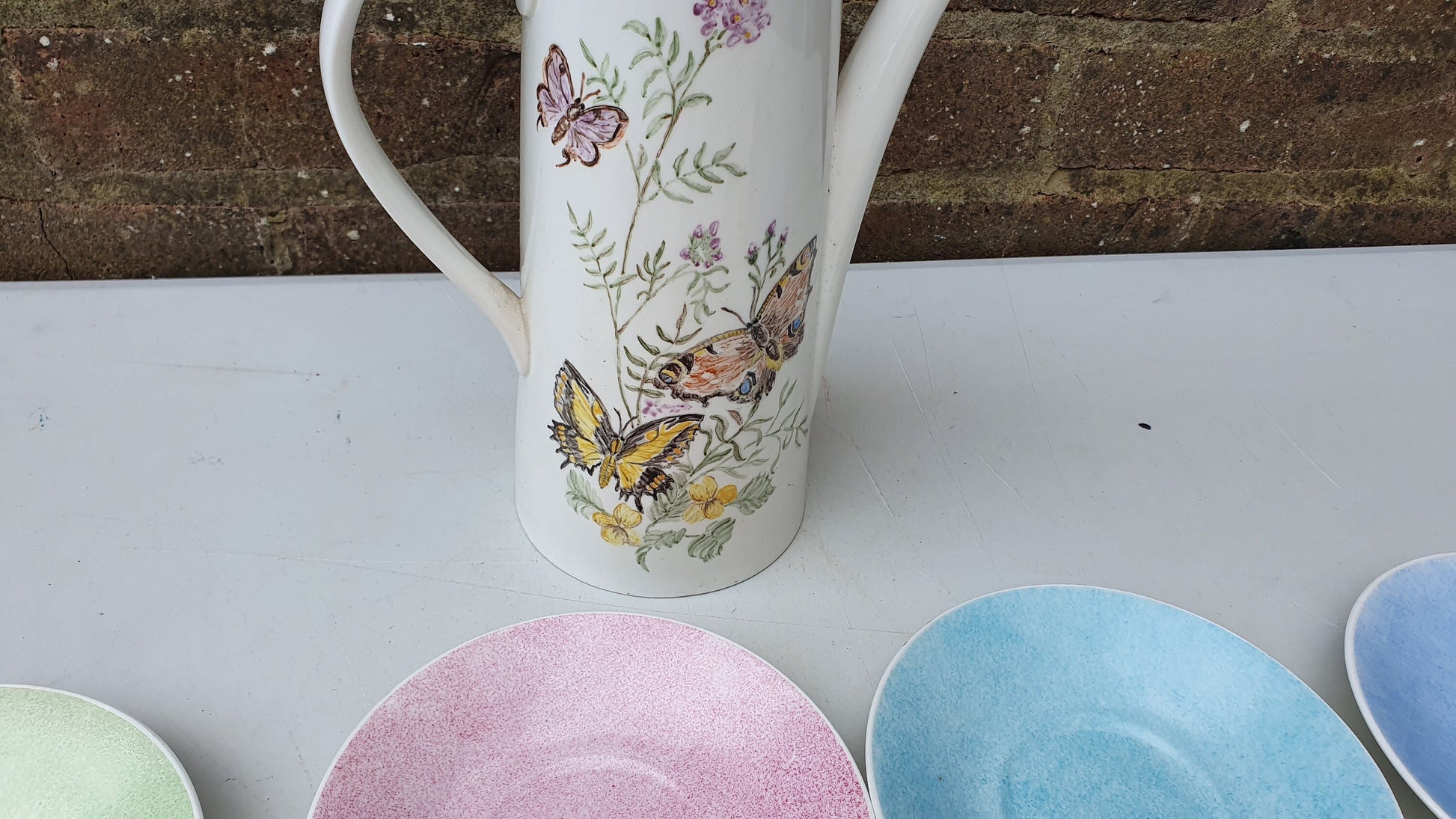 Vintage Ceramic Retro Coffee Set Pot with 4 Cups Saucers Floral Butterfly Pattern
