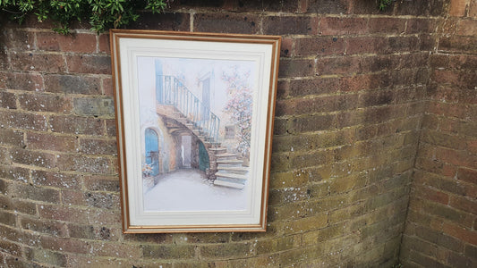 Huge Wonderful 'Vecchio Cortile' Italian Original Signed M. Marten Watercolour Sicily Cottage Steps Framed 74 x 54.5 cm
