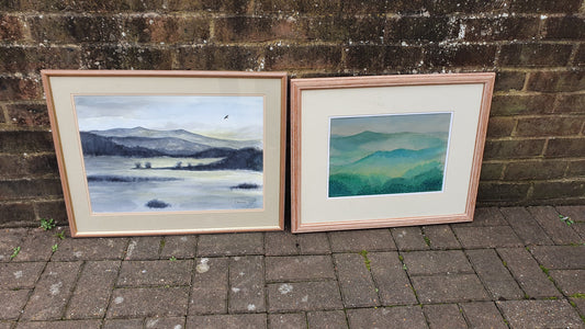 Large Quality Pair of Landscape Watercolours Vintage British Artwork Signed Impressionist Forest Hills River Countryside Framed