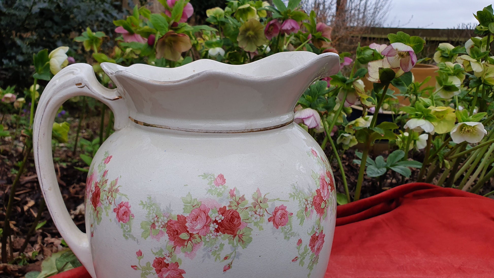 Pink Roses and White Vintage White Ewer Jug From Basin Set Victorian Ceramic Vase