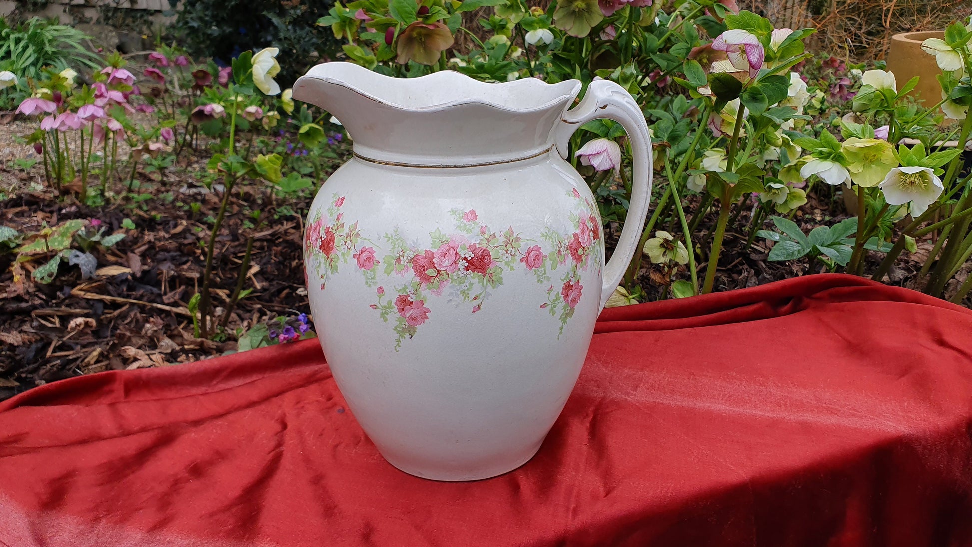 Pink Roses and White Vintage White Ewer Jug From Basin Set Victorian Ceramic Vase