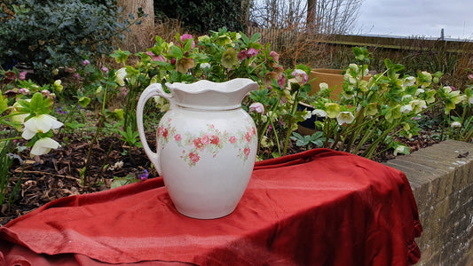 Pink Roses and White Vintage White Ewer Jug From Basin Set Victorian Ceramic Vase