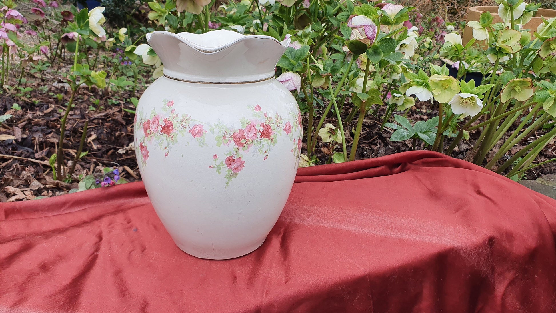 Pink Roses and White Vintage White Ewer Jug From Basin Set Victorian Ceramic Vase