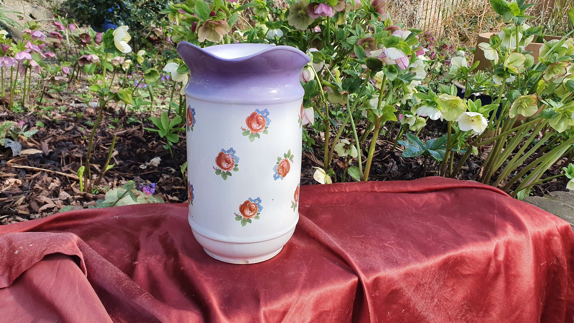 Superb Huge Floral and White Vintage White Ewer Jug From Basin Set Victorian Pink Roses Ceramic Jug 1920’s.