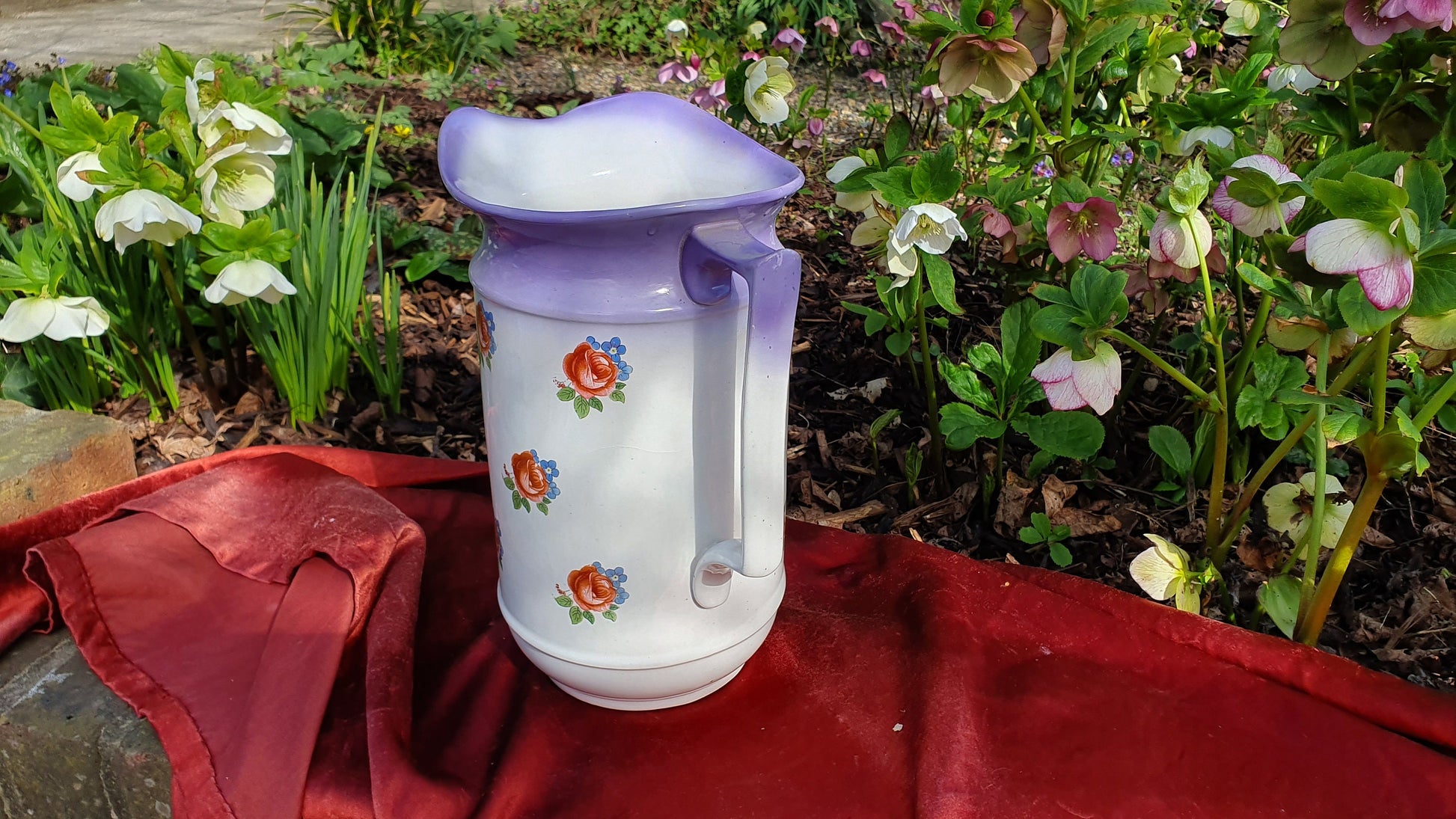 Superb Huge Floral and White Vintage White Ewer Jug From Basin Set Victorian Pink Roses Ceramic Jug 1920’s.