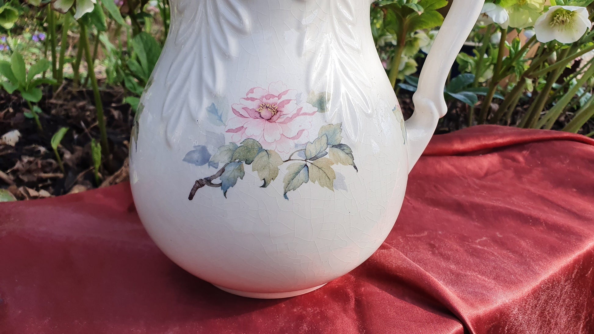 Large Flower and White Vintage White Ewer Jug Ceramic Ironstone 1960’s.