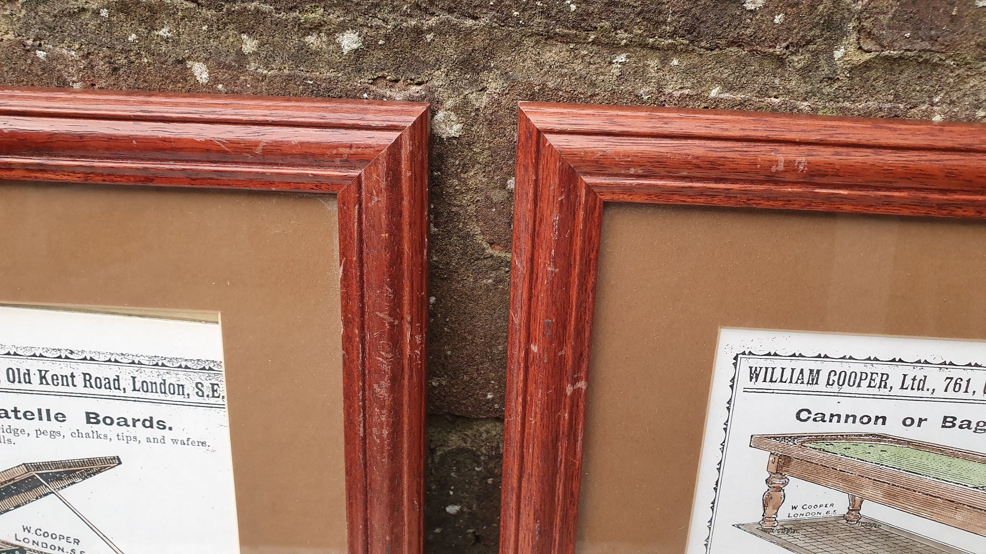 Pair of Hand-Coloured Bagatelle & Skittle Advertisement Prints Old Fashioned Advertising Matching Frames Mounts