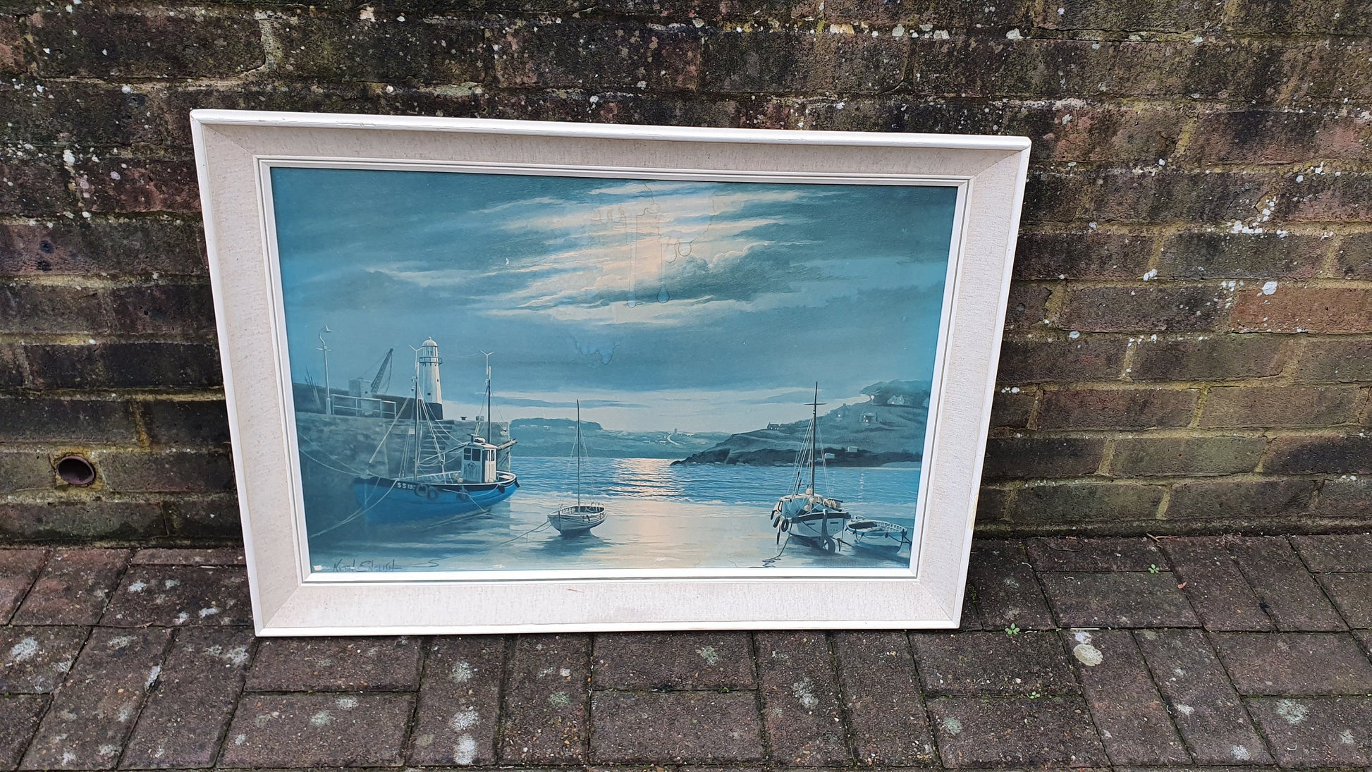 Huge Harbour in Moonlight Keith English Colour Art Print British Painting Cornwall Vintage Large Retro Deep Frame 87 x 62 x 6