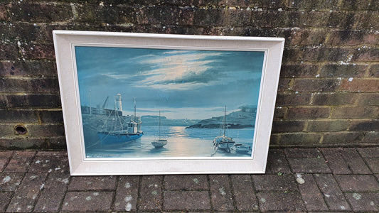 Huge Harbour in Moonlight Keith English Colour Art Print British Painting Cornwall Vintage Large Retro Deep Frame 87 x 62 x 6