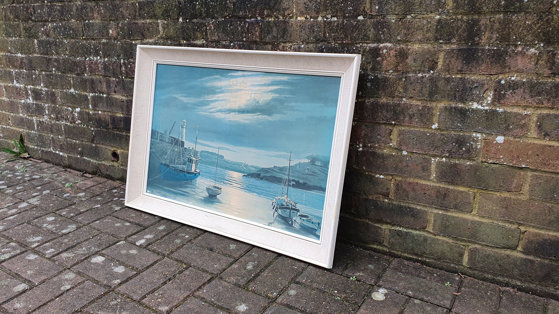Huge Harbour in Moonlight Keith English Colour Art Print British Painting Cornwall Vintage Large Retro Deep Frame 87 x 62 x 6