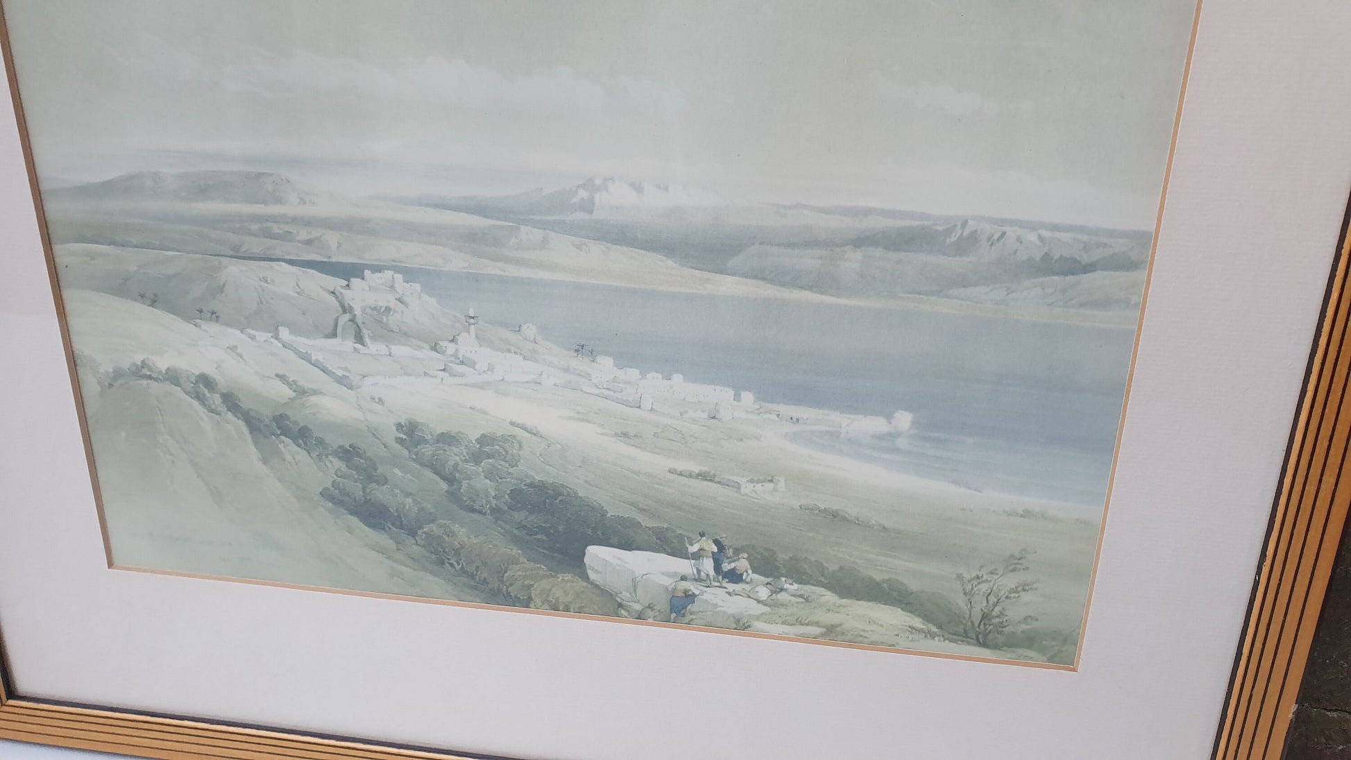 Pair of David Roberts Holy Land Landscape Antique Colour Art Prints Painting Matching Striped Wood Frames