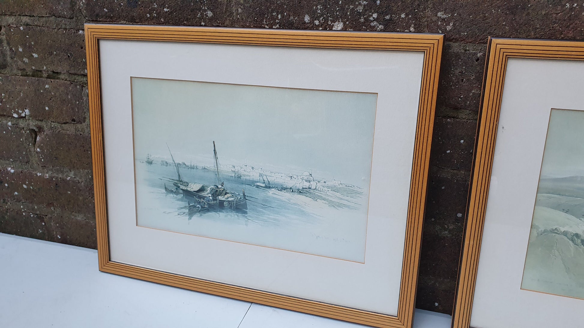 Pair of David Roberts Holy Land Landscape Antique Colour Art Prints Painting Matching Striped Wood Frames
