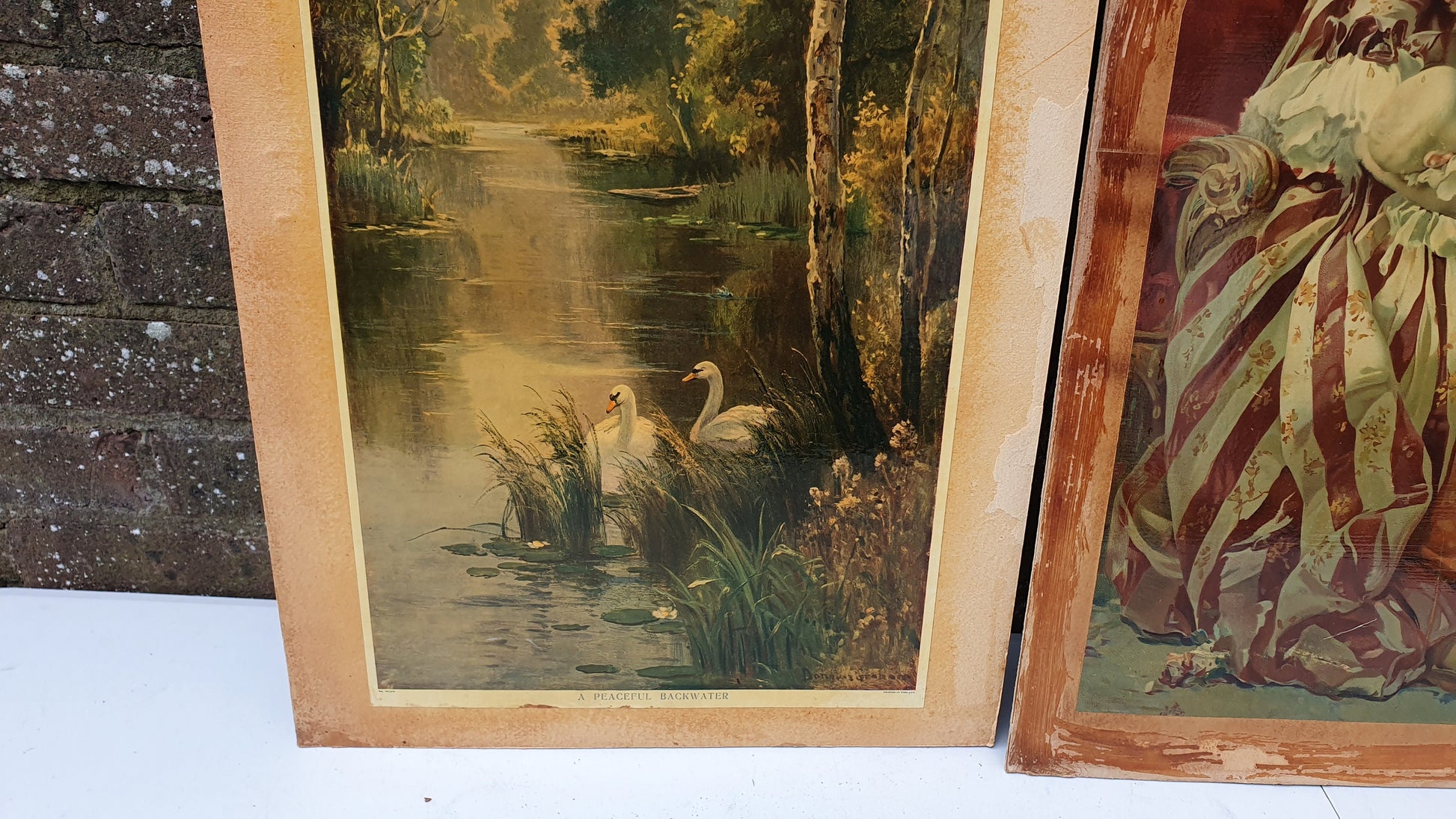 Three Large Vintage Colour Art Prints Country Landscapes Swans Female Portrait with Baby Upcycling Art Project