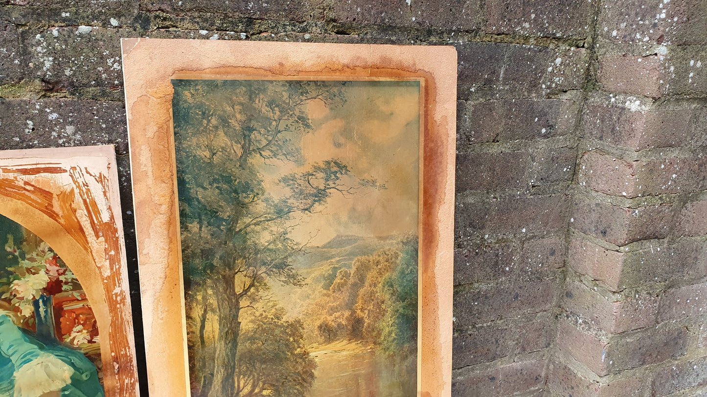 Three Large Vintage Colour Art Prints Country Landscapes Swans Female Portrait with Baby Upcycling Art Project