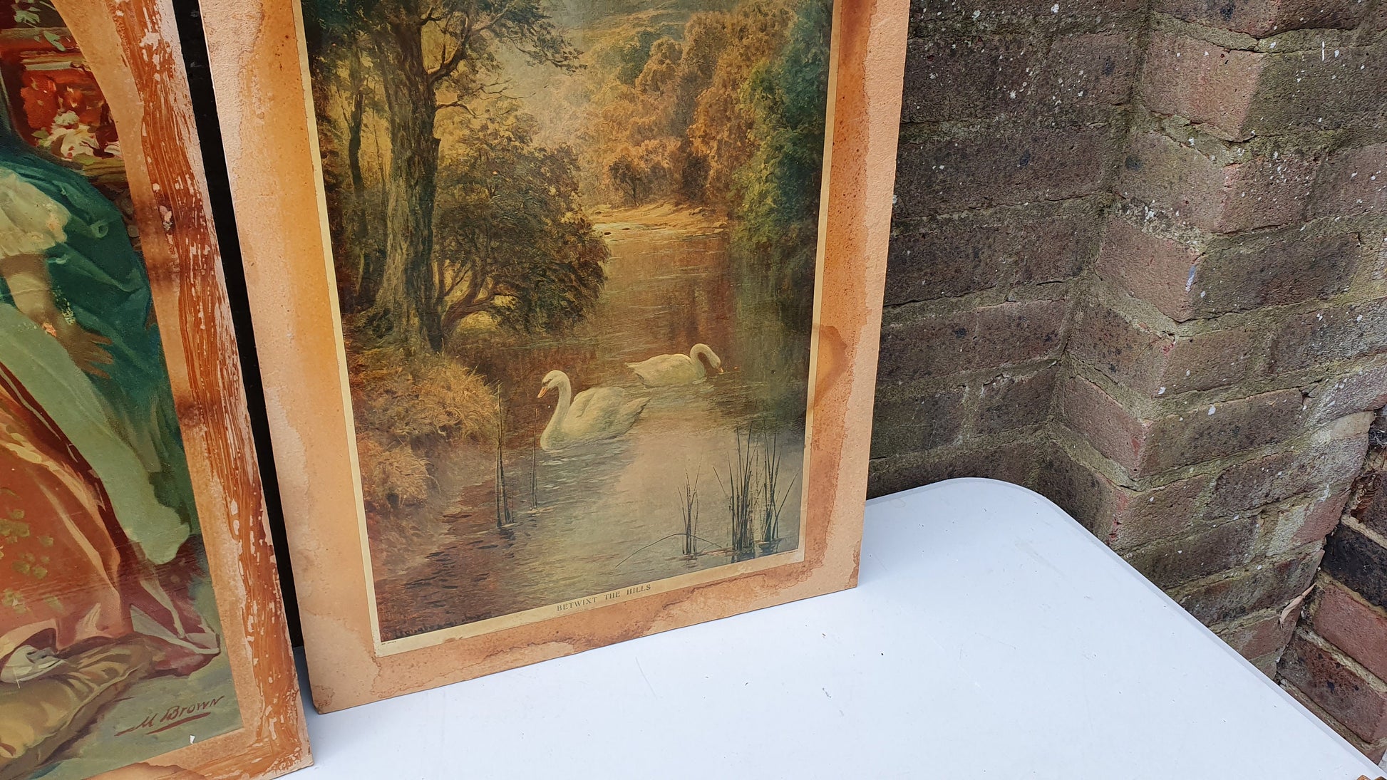 Three Large Vintage Colour Art Prints Country Landscapes Swans Female Portrait with Baby Upcycling Art Project