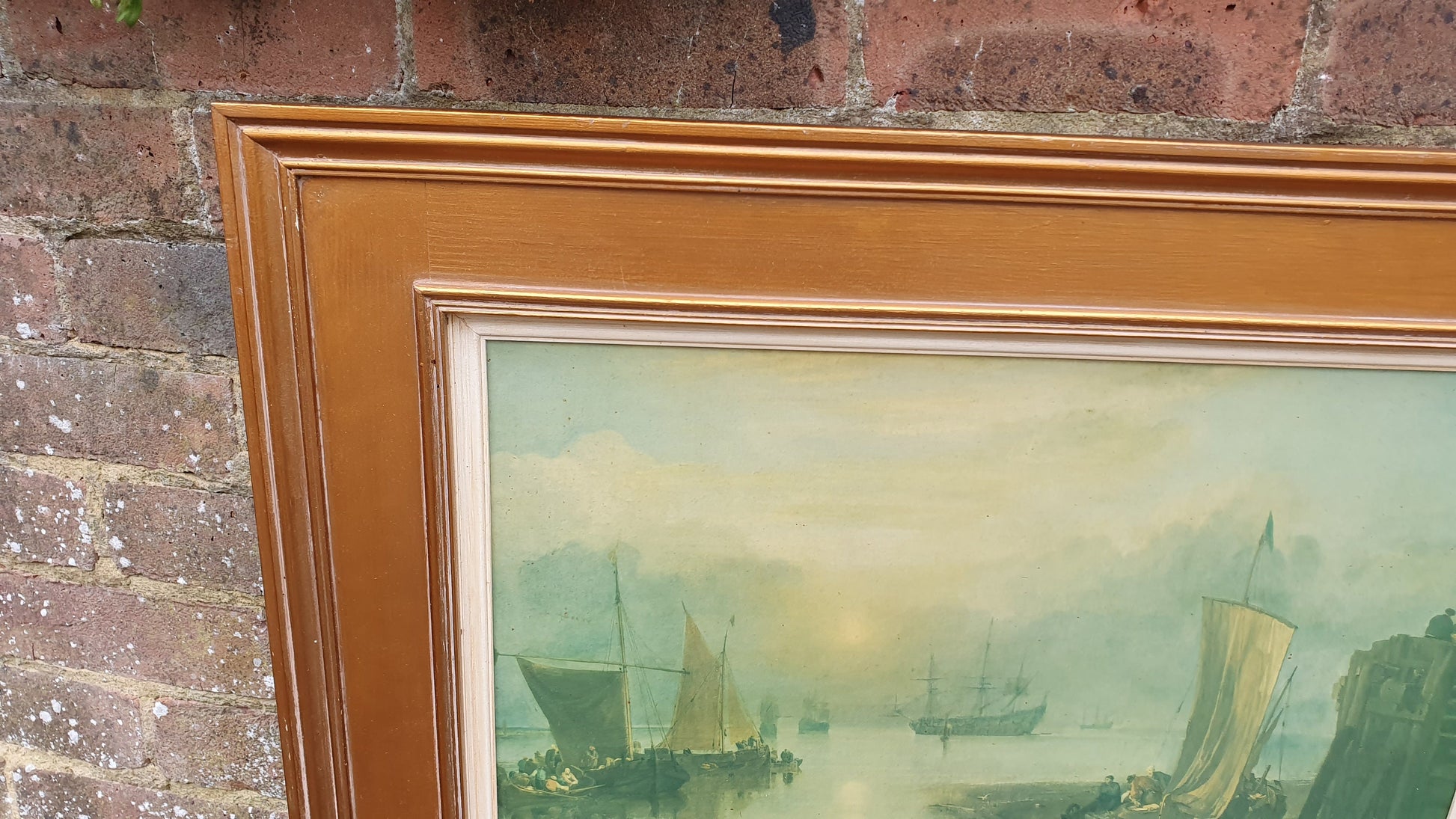 Large Quality 19th Century Harbour Scene Colour Art Print British Coast Nautical Landscape Gold Wood Frame Gilt 79 x 64.5 cm