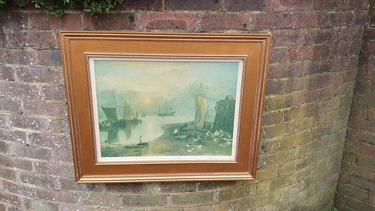 Large Quality 19th Century Harbour Scene Colour Art Print British Coast Nautical Landscape Gold Wood Frame Gilt 79 x 64.5 cm