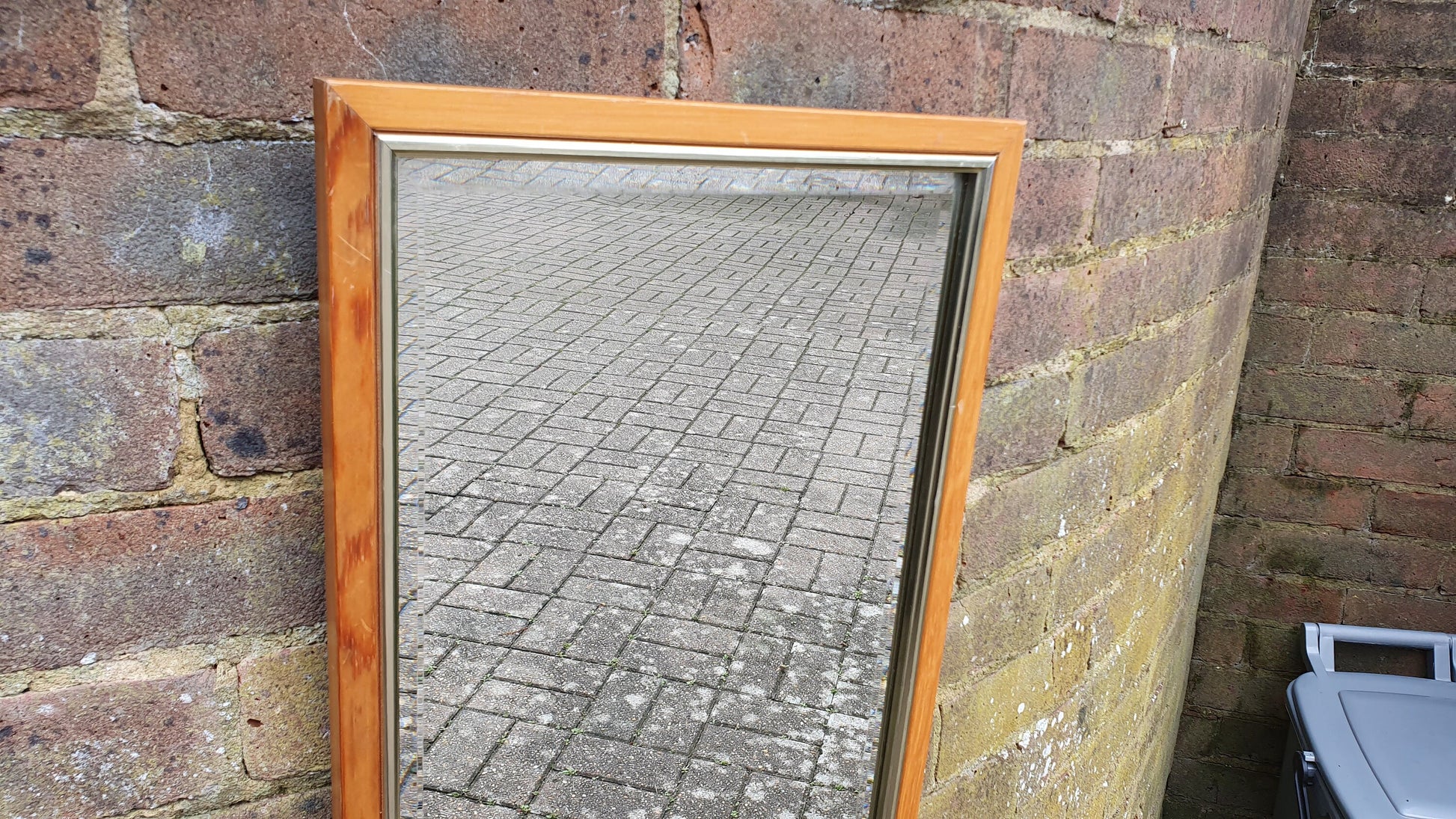 1980’s Long Wooden Wall Mirror. bevelled 65 x 34 cm