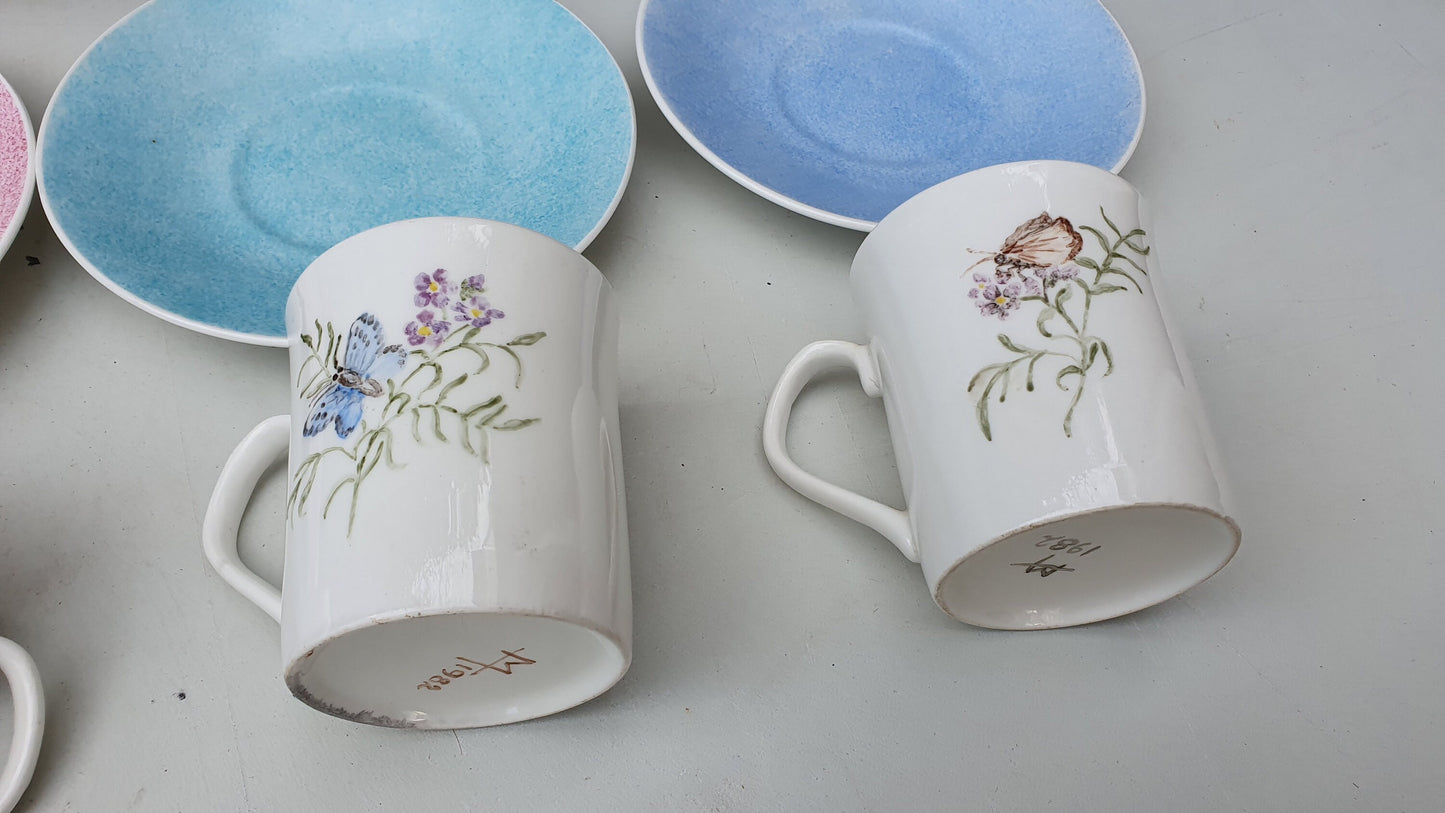 Vintage Ceramic Retro Coffee Set Pot with 4 Cups Saucers Floral Butterfly Pattern