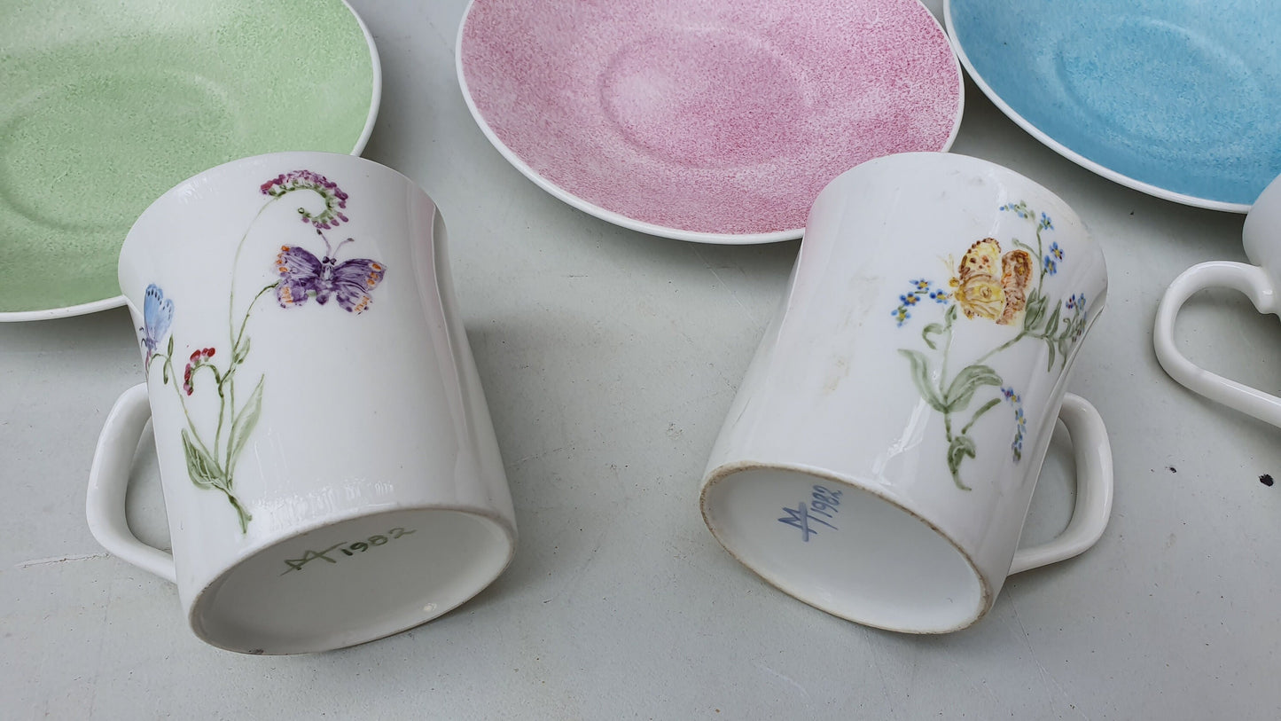 Vintage Ceramic Retro Coffee Set Pot with 4 Cups Saucers Floral Butterfly Pattern