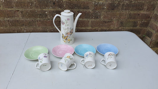 Vintage Ceramic Retro Coffee Set Pot with 4 Cups Saucers Floral Butterfly Pattern