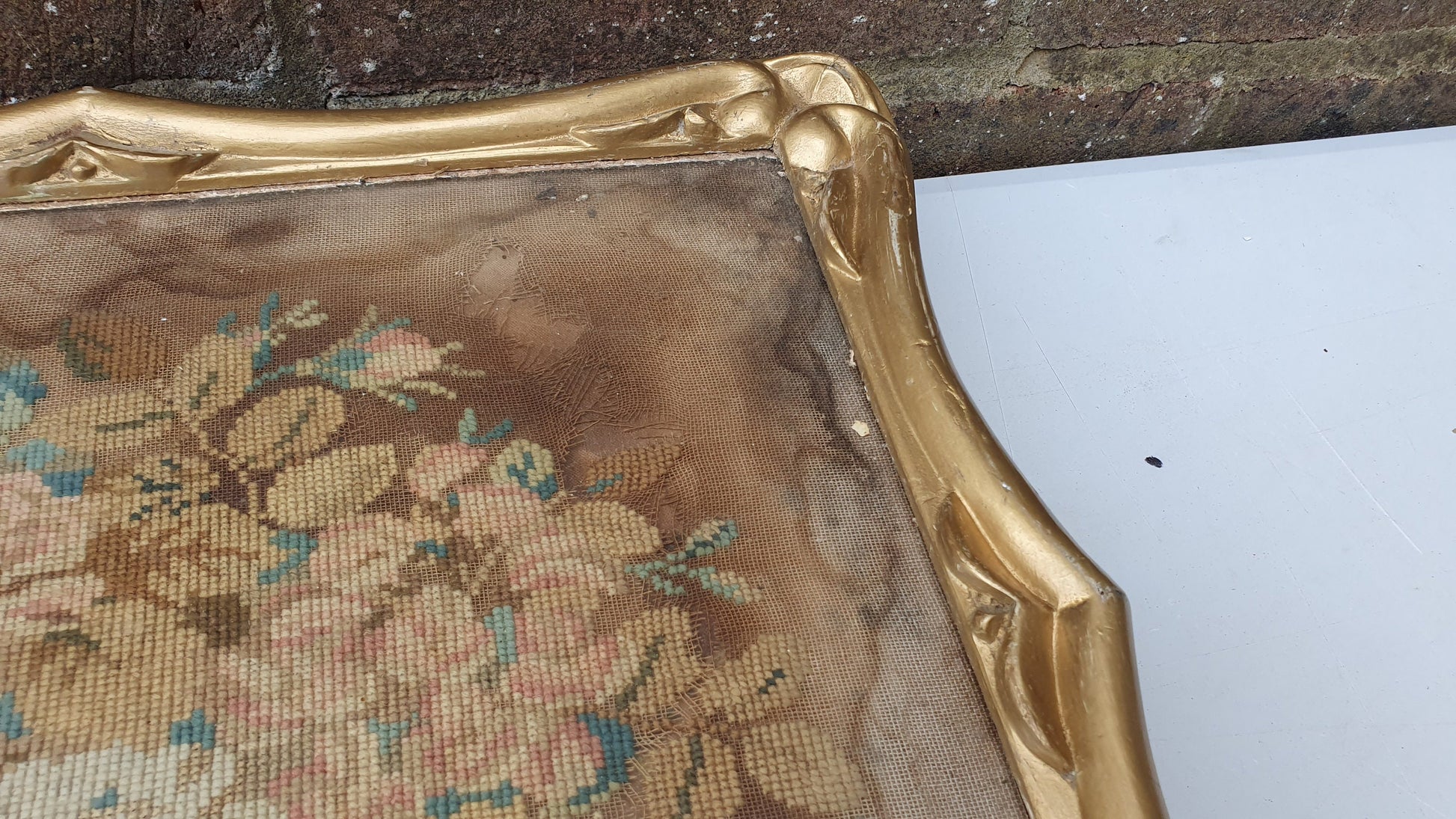 Antique Floral Tapestry Flowers Thick Deep Gilt Gold Wood Frame Upcycling Art Project