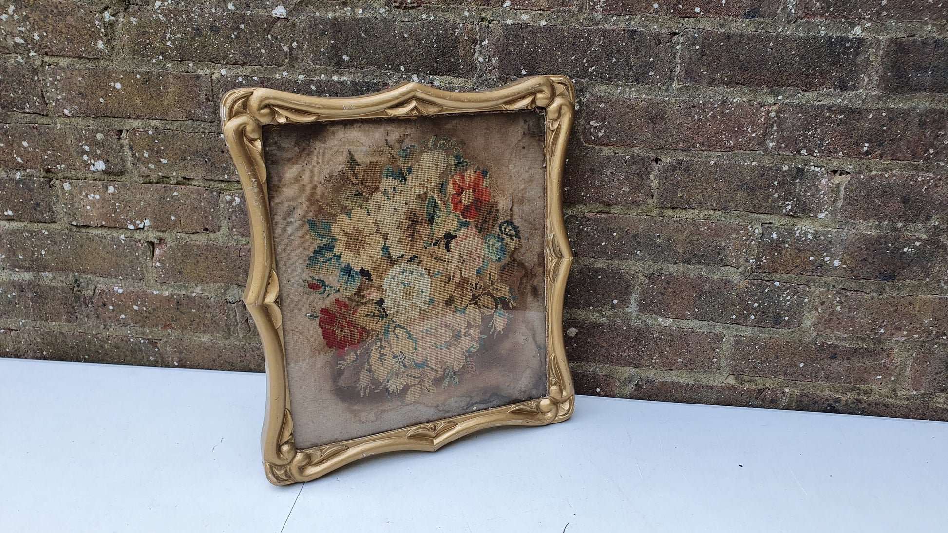 Antique Floral Tapestry Flowers Thick Deep Gilt Gold Wood Frame Upcycling Art Project