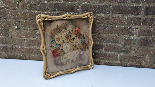 Antique Floral Tapestry Flowers Thick Deep Gilt Gold Wood Frame Upcycling Art Project