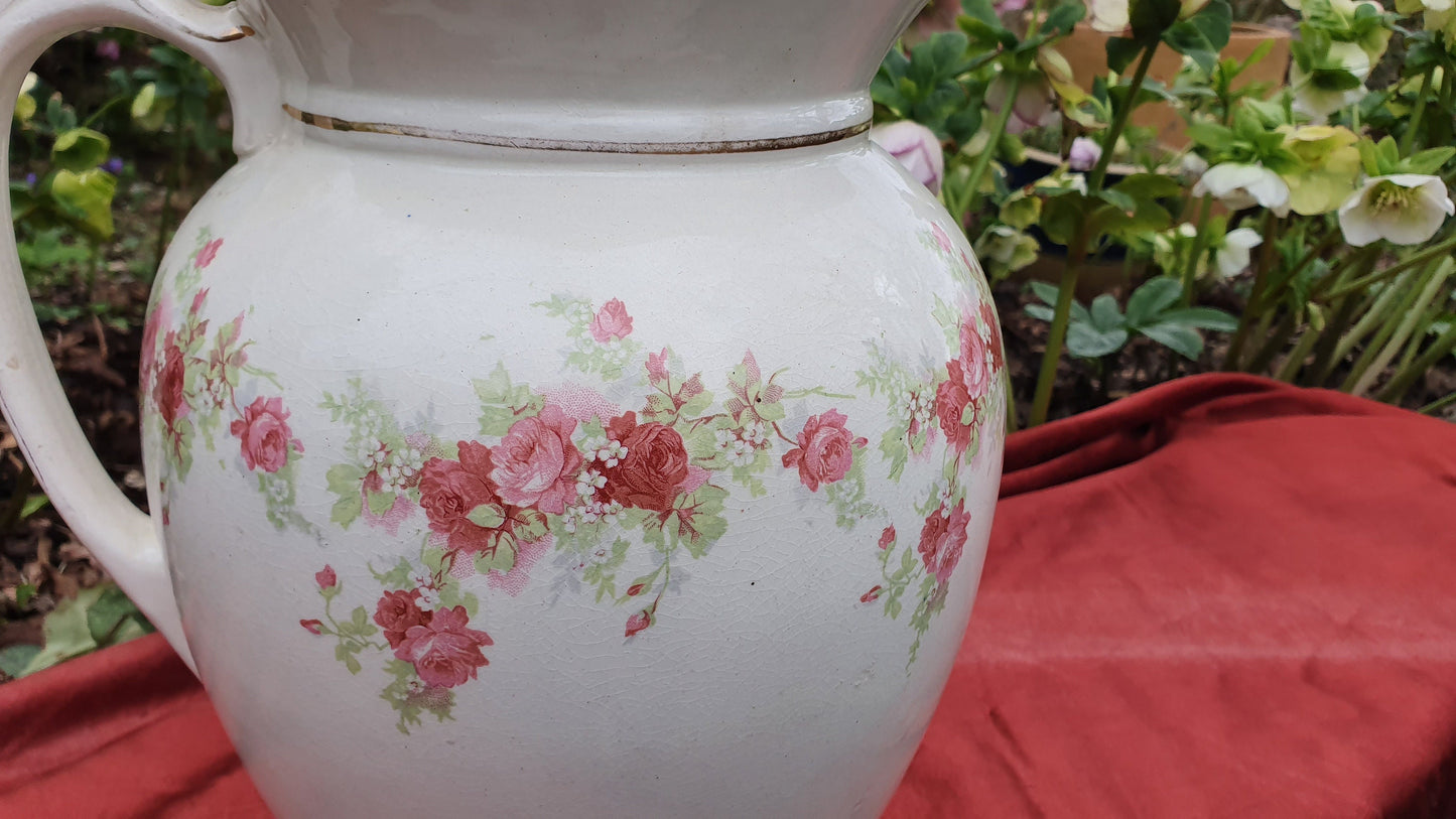 Pink Roses and White Vintage White Ewer Jug From Basin Set Victorian Ceramic Vase