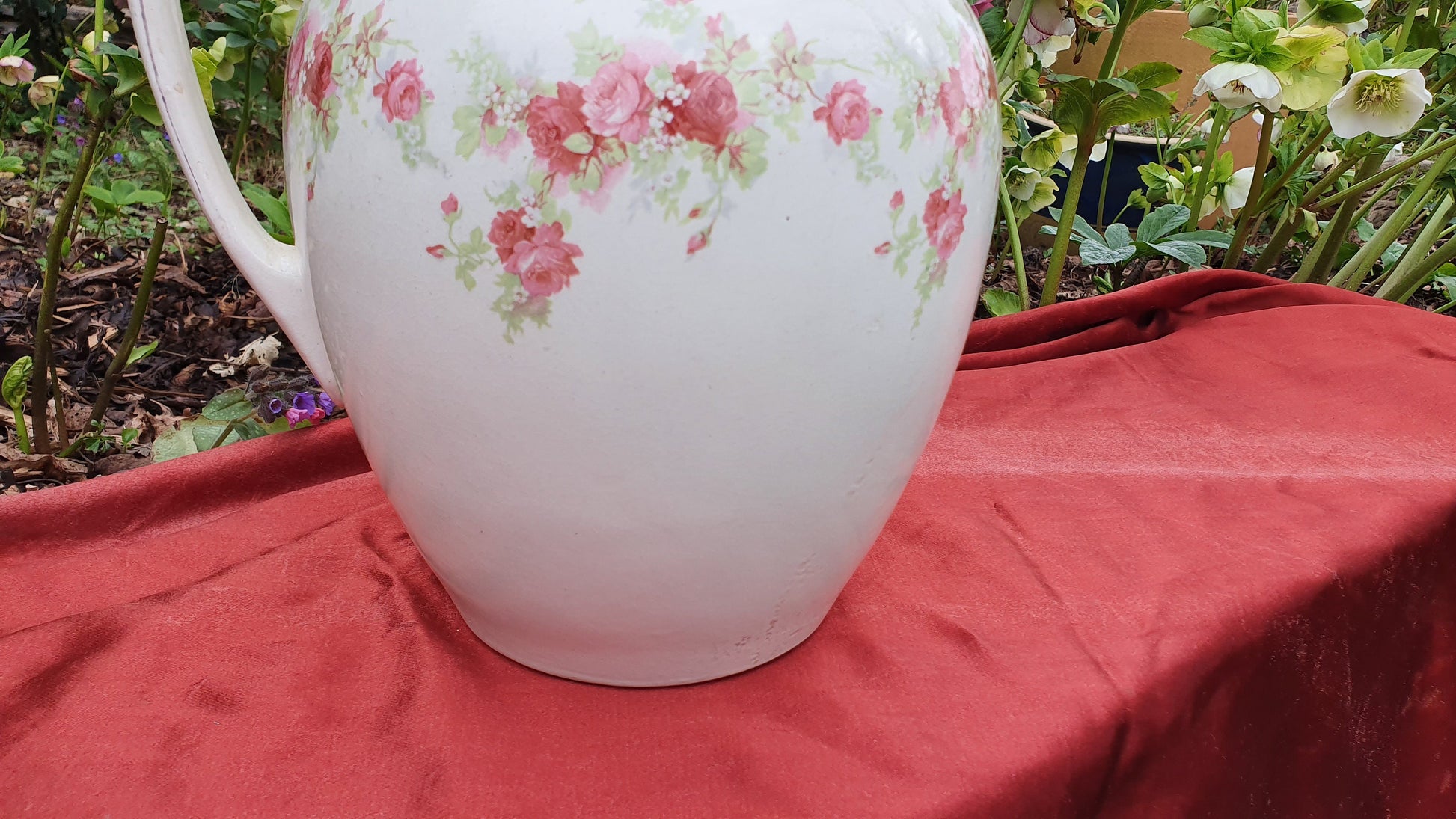 Pink Roses and White Vintage White Ewer Jug From Basin Set Victorian Ceramic Vase