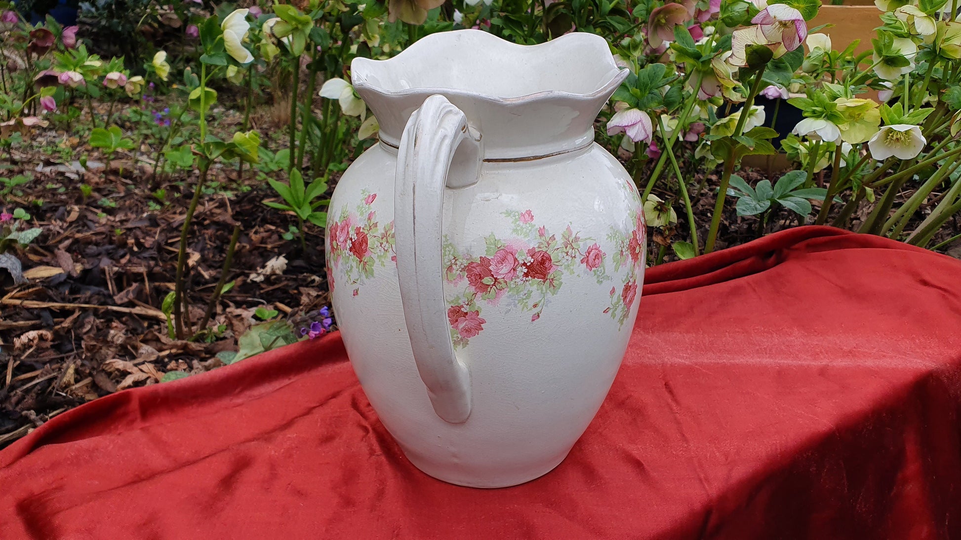 Pink Roses and White Vintage White Ewer Jug From Basin Set Victorian Ceramic Vase